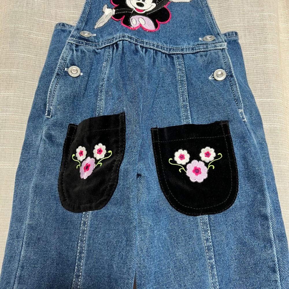 Y2K Vintage Disney Mickey Mouse Denim Overalls Floral Embroidered Velvet Size 2T - Picture 4 of 10